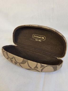 Coach signature canvas eyeglass/sunglasses case in brown and tan.